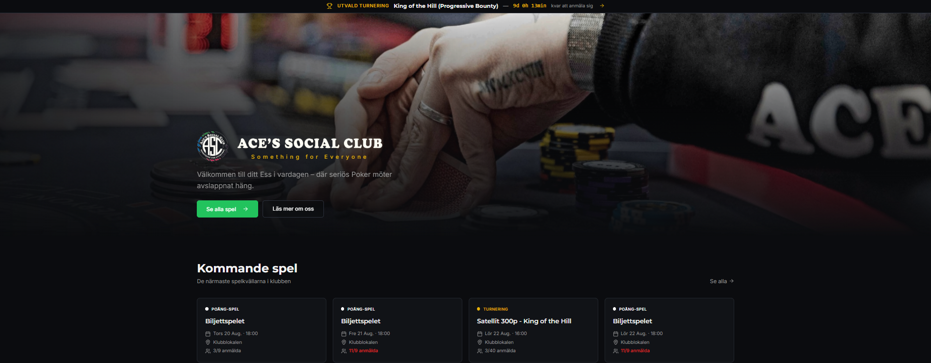 Hemsida för Ace's Social Club – förening för sociala evenemang