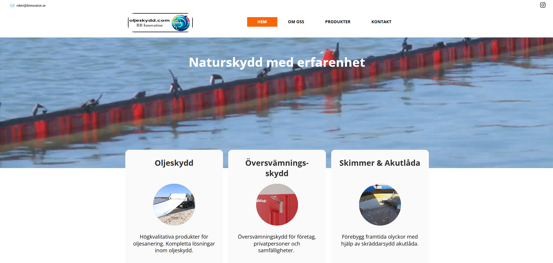 Hemsida för RB Innovation – oljeskyddsutrustning